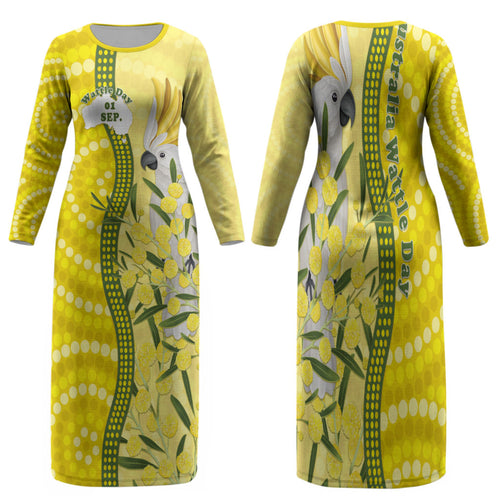 Australia Wattle Day Family Matching Long Sleeve Bodycon Dress and Hawaiian Shirt Sulphur-crested Cockatoo Aboriginal Pattern