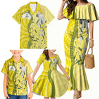 Australia Wattle Day Family Matching Mermaid Dress and Hawaiian Shirt Sulphur-crested Cockatoo Aboriginal Pattern
