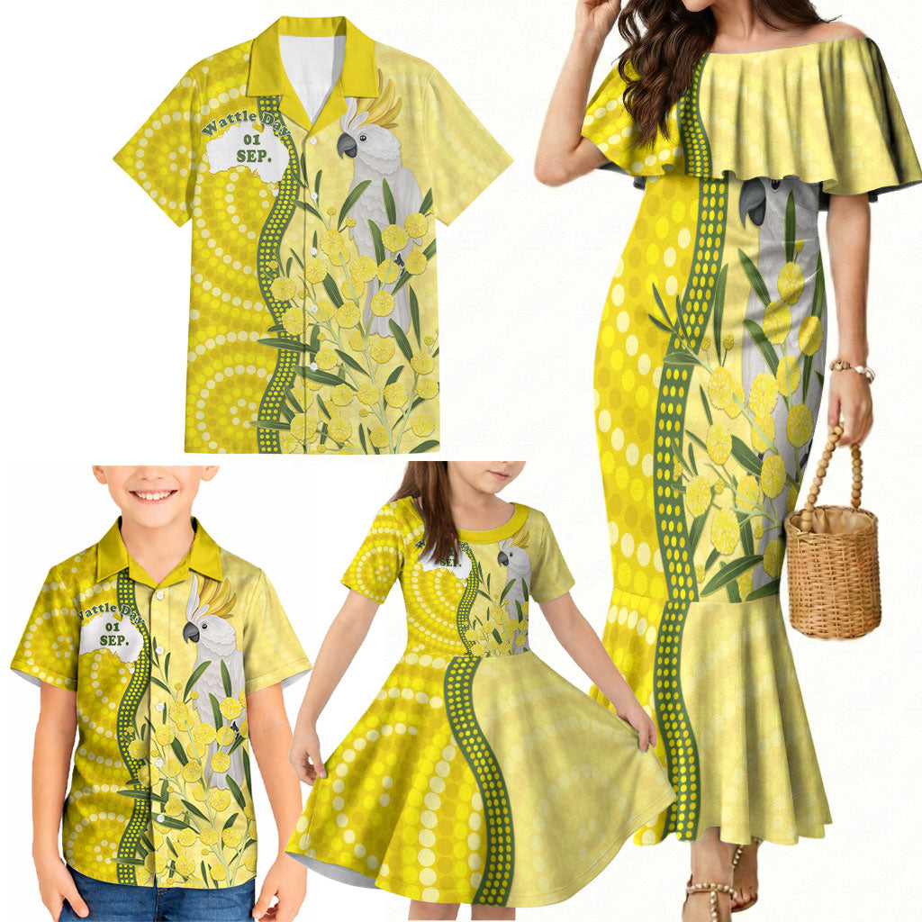 Australia Wattle Day Family Matching Mermaid Dress and Hawaiian Shirt Sulphur-crested Cockatoo Aboriginal Pattern