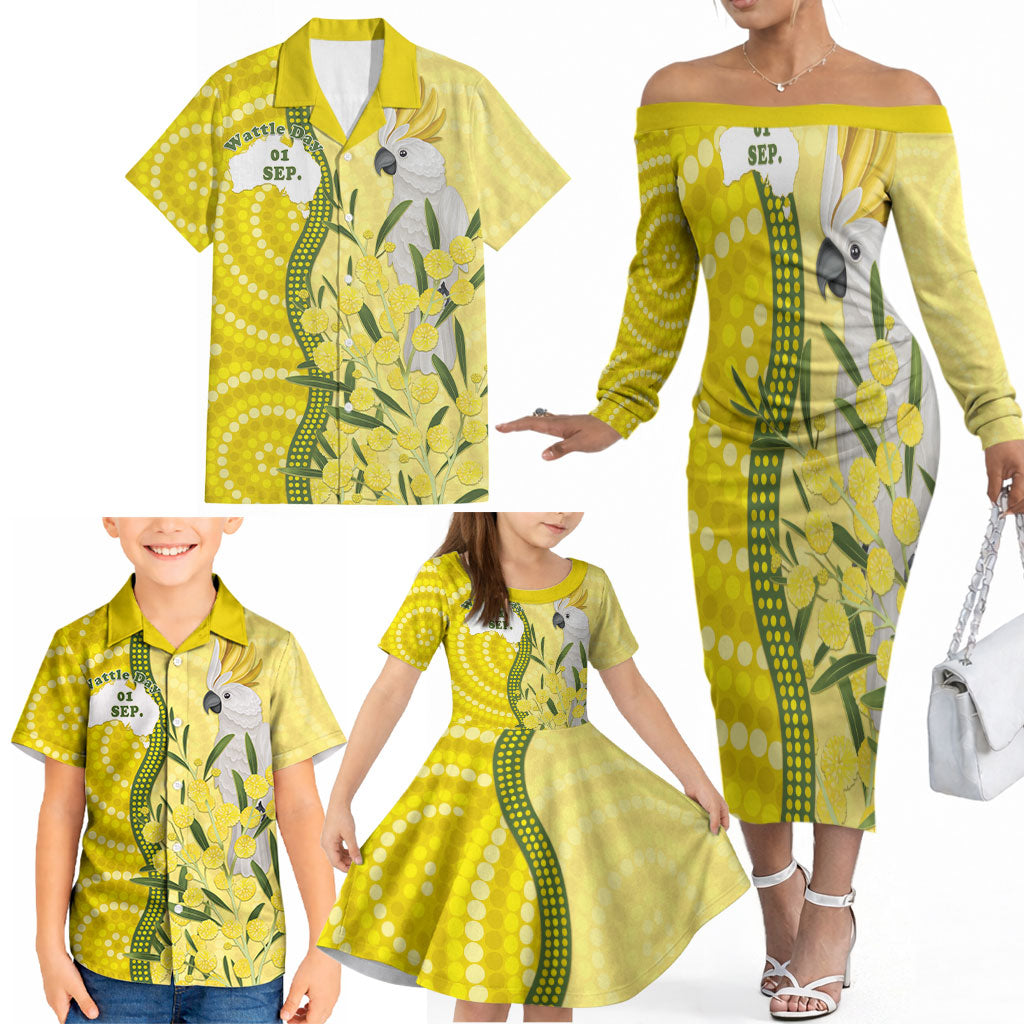 Australia Wattle Day Family Matching Off The Shoulder Long Sleeve Dress and Hawaiian Shirt Sulphur-crested Cockatoo Aboriginal Pattern