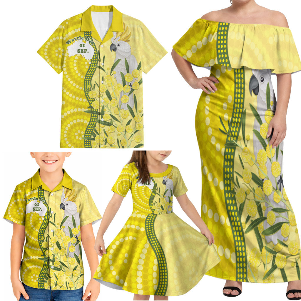 Australia Wattle Day Family Matching Off Shoulder Maxi Dress and Hawaiian Shirt Sulphur-crested Cockatoo Aboriginal Pattern