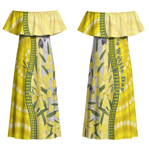 Australia Wattle Day Family Matching Off Shoulder Maxi Dress and Hawaiian Shirt Sulphur-crested Cockatoo Aboriginal Pattern