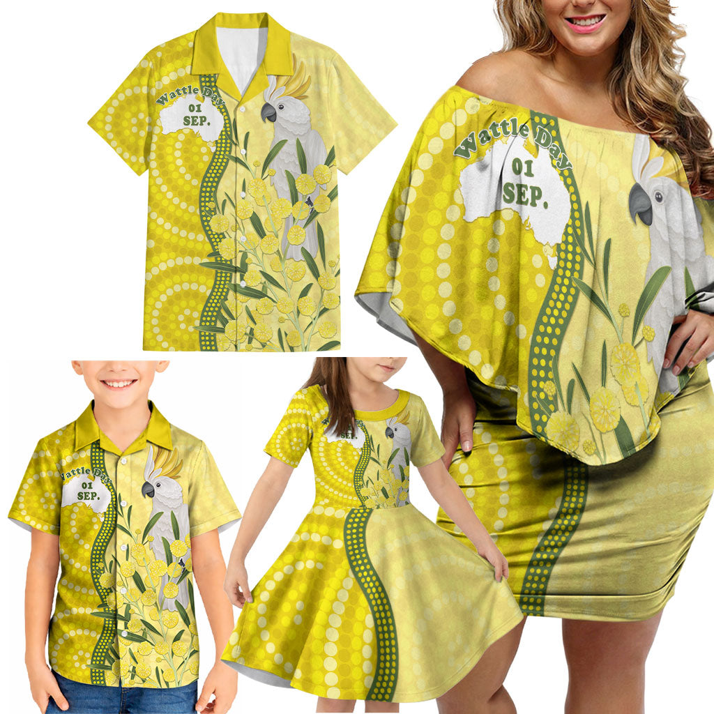 Australia Wattle Day Family Matching Off Shoulder Short Dress and Hawaiian Shirt Sulphur-crested Cockatoo Aboriginal Pattern