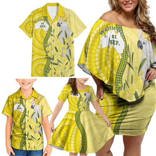 Australia Wattle Day Family Matching Off Shoulder Short Dress and Hawaiian Shirt Sulphur-crested Cockatoo Aboriginal Pattern