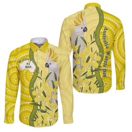Australia Wattle Day Family Matching Off Shoulder Short Dress and Hawaiian Shirt Sulphur-crested Cockatoo Aboriginal Pattern
