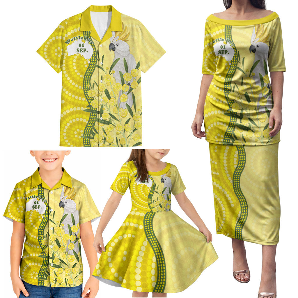 Australia Wattle Day Family Matching Puletasi and Hawaiian Shirt Sulphur-crested Cockatoo Aboriginal Pattern