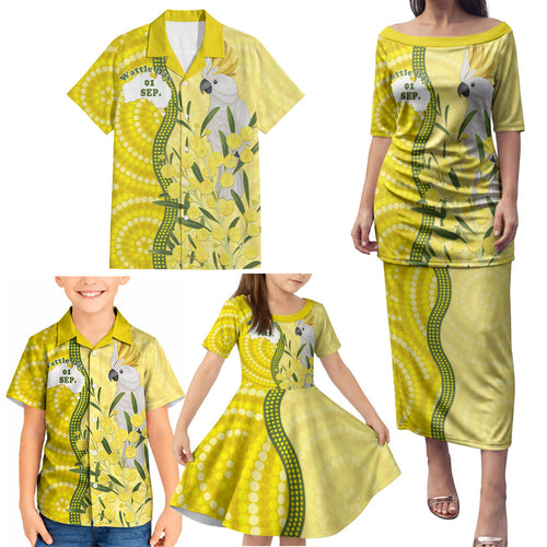 Australia Wattle Day Family Matching Puletasi and Hawaiian Shirt Sulphur-crested Cockatoo Aboriginal Pattern