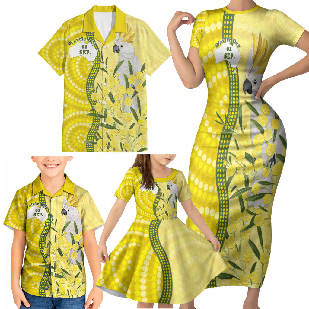 Australia Wattle Day Family Matching Short Sleeve Bodycon Dress and Hawaiian Shirt Sulphur-crested Cockatoo Aboriginal Pattern