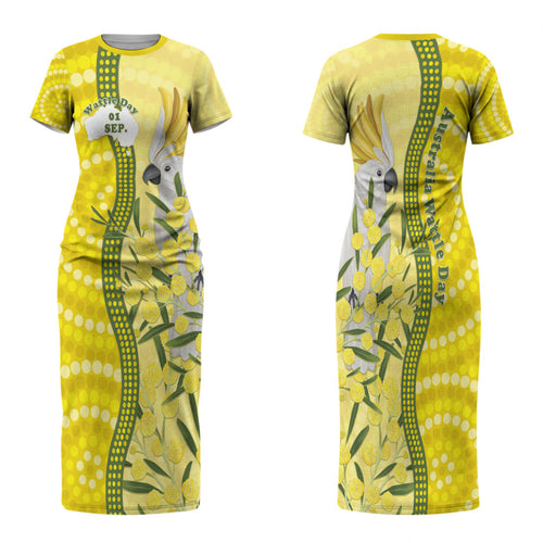 Australia Wattle Day Family Matching Short Sleeve Bodycon Dress and Hawaiian Shirt Sulphur-crested Cockatoo Aboriginal Pattern