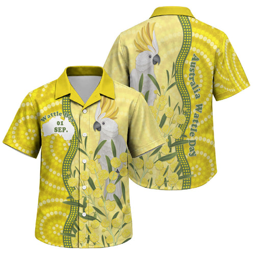 Australia Wattle Day Family Matching Short Sleeve Bodycon Dress and Hawaiian Shirt Sulphur-crested Cockatoo Aboriginal Pattern
