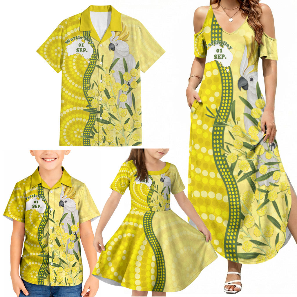 Australia Wattle Day Family Matching Summer Maxi Dress and Hawaiian Shirt Sulphur-crested Cockatoo Aboriginal Pattern