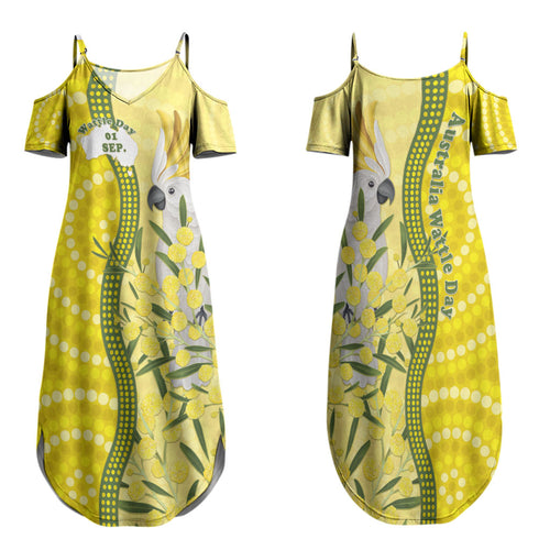 Australia Wattle Day Family Matching Summer Maxi Dress and Hawaiian Shirt Sulphur-crested Cockatoo Aboriginal Pattern