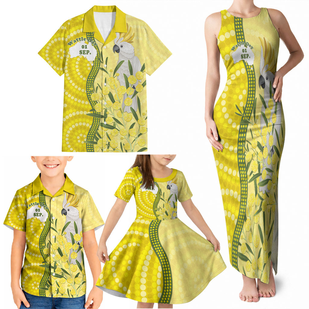 Australia Wattle Day Family Matching Tank Maxi Dress and Hawaiian Shirt Sulphur-crested Cockatoo Aboriginal Pattern