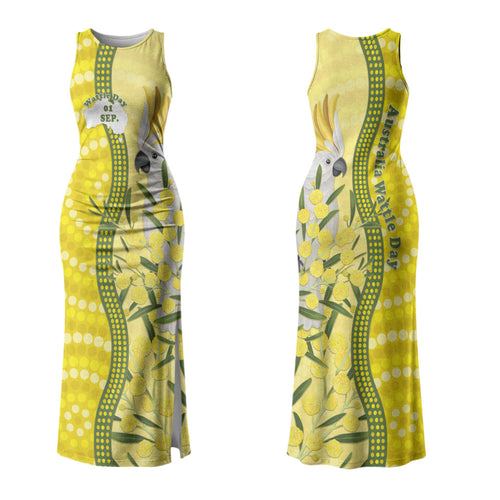 Australia Wattle Day Family Matching Tank Maxi Dress and Hawaiian Shirt Sulphur-crested Cockatoo Aboriginal Pattern