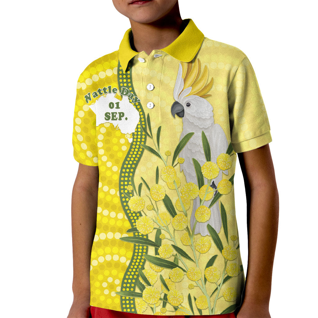 Australia Wattle Day Kid Polo Shirt Sulphur-crested Cockatoo Aboriginal Pattern