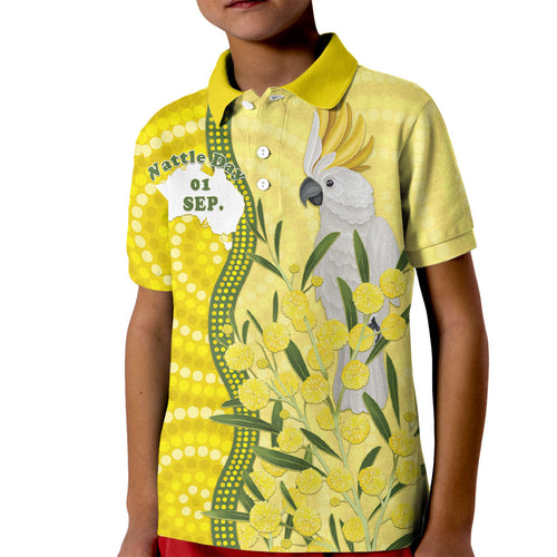 Australia Wattle Day Kid Polo Shirt Sulphur-crested Cockatoo Aboriginal Pattern