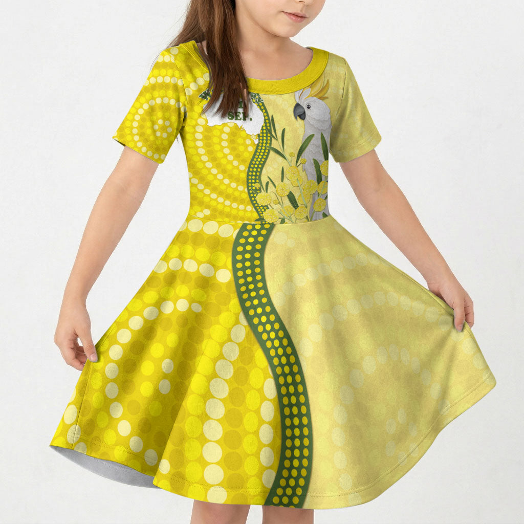 Australia Wattle Day Kid Short Sleeve Dress Sulphur-crested Cockatoo Aboriginal Pattern