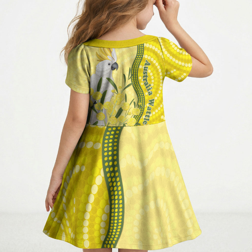 Australia Wattle Day Kid Short Sleeve Dress Sulphur-crested Cockatoo Aboriginal Pattern