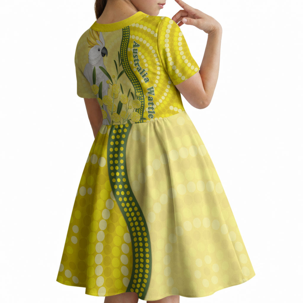Australia Wattle Day Kid Short Sleeve Dress Sulphur-crested Cockatoo Aboriginal Pattern