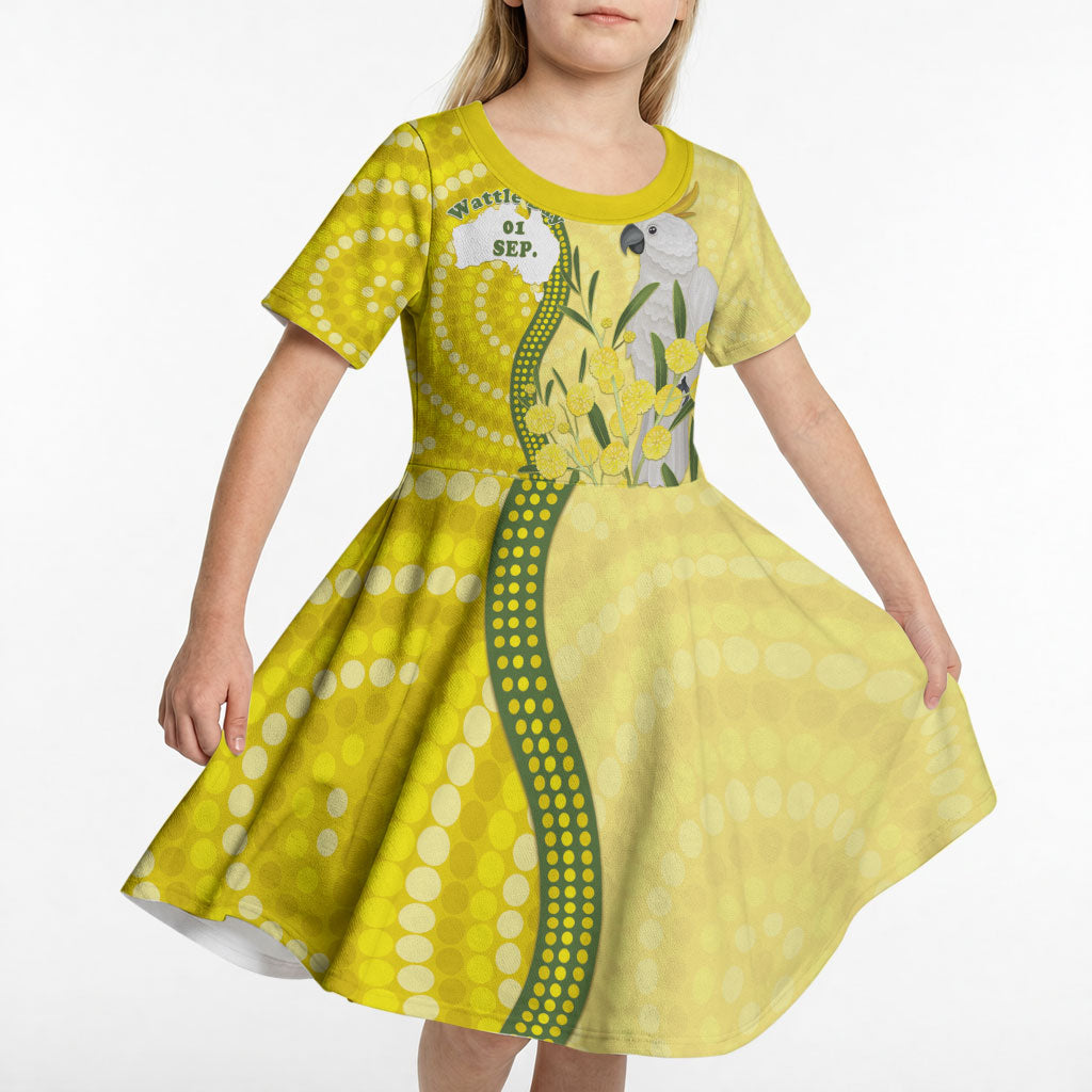 Australia Wattle Day Kid Short Sleeve Dress Sulphur-crested Cockatoo Aboriginal Pattern