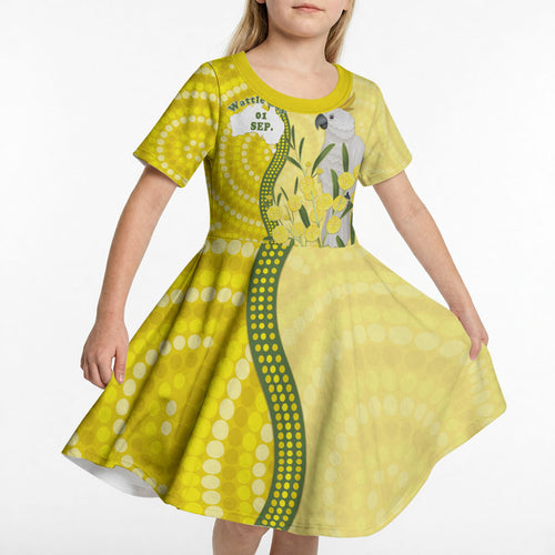 Australia Wattle Day Kid Short Sleeve Dress Sulphur-crested Cockatoo Aboriginal Pattern