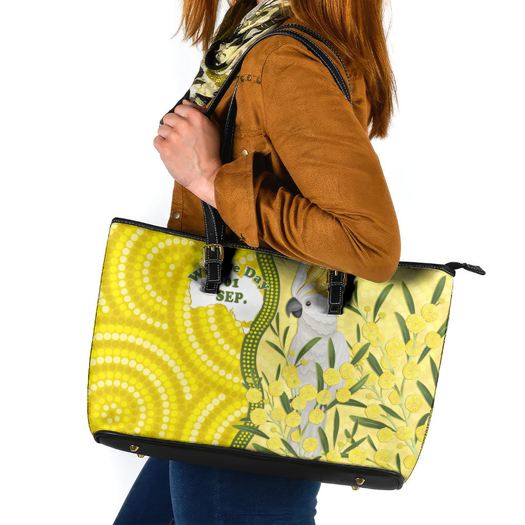 Australia Wattle Day Leather Tote Bag Sulphur-crested Cockatoo Aboriginal Pattern