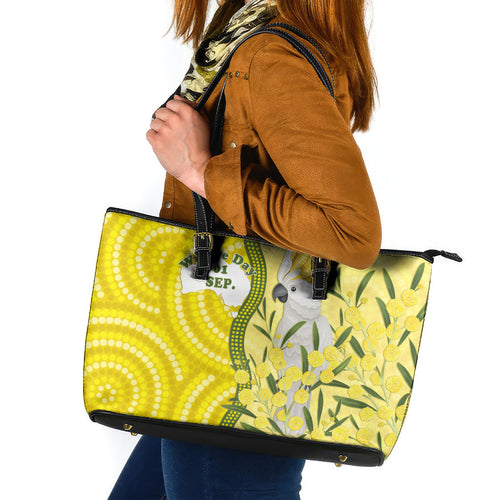 Australia Wattle Day Leather Tote Bag Sulphur-crested Cockatoo Aboriginal Pattern
