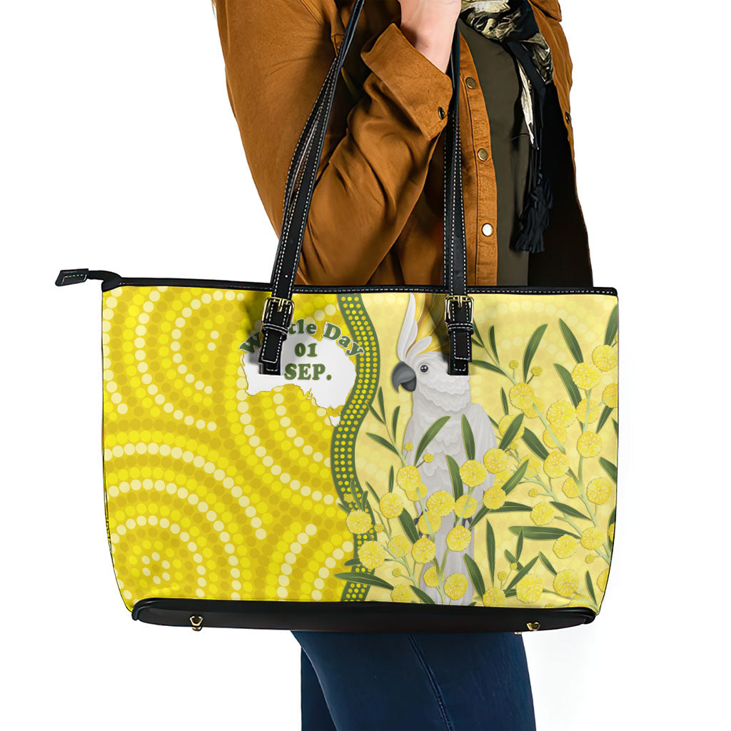 Australia Wattle Day Leather Tote Bag Sulphur-crested Cockatoo Aboriginal Pattern