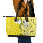 Australia Wattle Day Leather Tote Bag Sulphur-crested Cockatoo Aboriginal Pattern