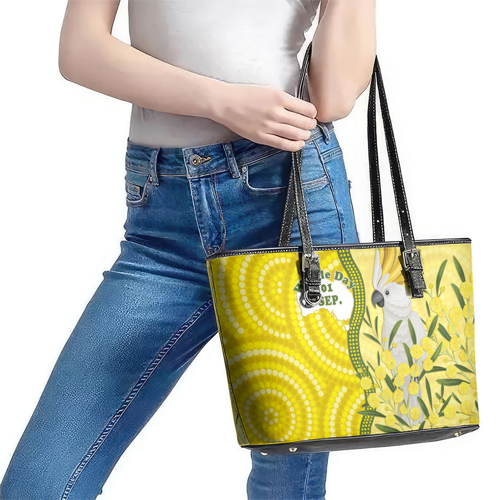 Australia Wattle Day Leather Tote Bag Sulphur-crested Cockatoo Aboriginal Pattern