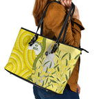 Australia Wattle Day Leather Tote Bag Sulphur-crested Cockatoo Aboriginal Pattern
