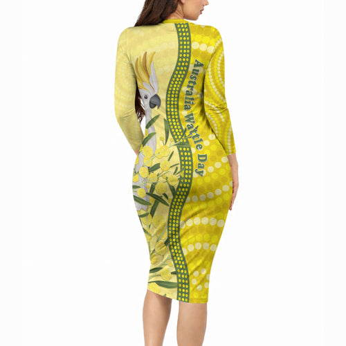Australia Wattle Day Long Sleeve Bodycon Dress Sulphur-crested Cockatoo Aboriginal Pattern