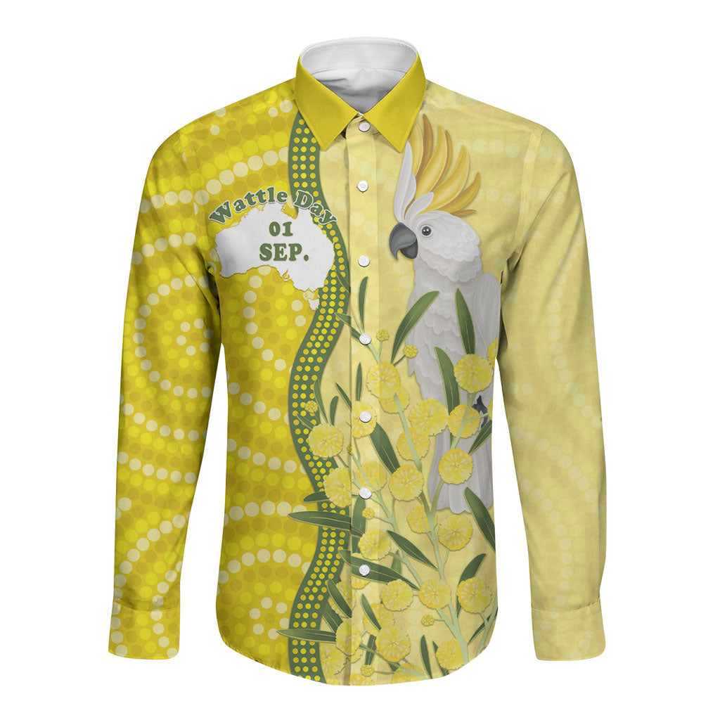 Australia Wattle Day Long Sleeve Button Shirt Sulphur-crested Cockatoo Aboriginal Pattern