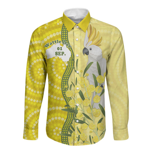Australia Wattle Day Long Sleeve Button Shirt Sulphur-crested Cockatoo Aboriginal Pattern