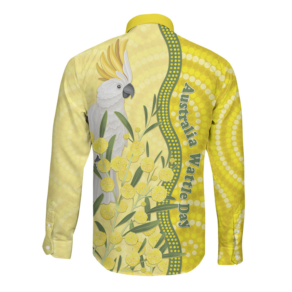 Australia Wattle Day Long Sleeve Button Shirt Sulphur-crested Cockatoo Aboriginal Pattern
