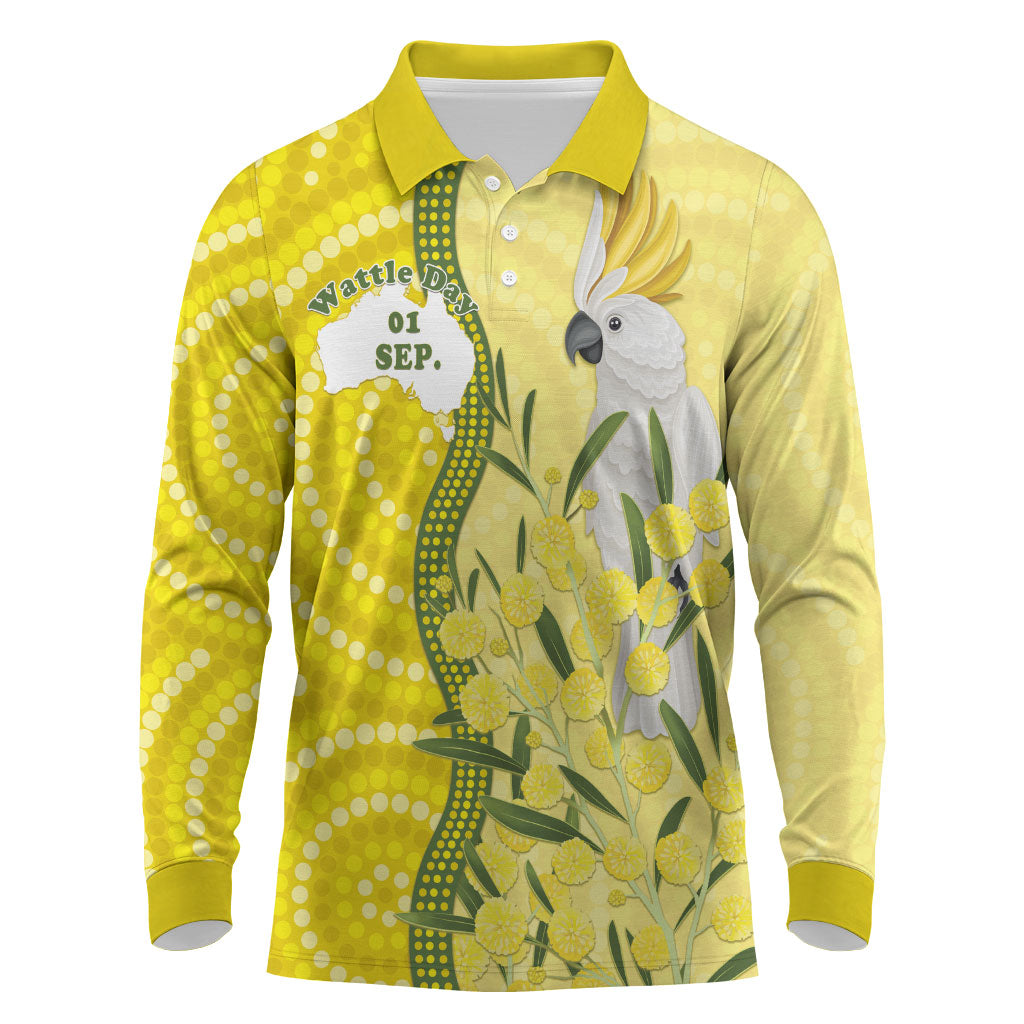 Australia Wattle Day Long Sleeve Polo Shirt Sulphur-crested Cockatoo Aboriginal Pattern