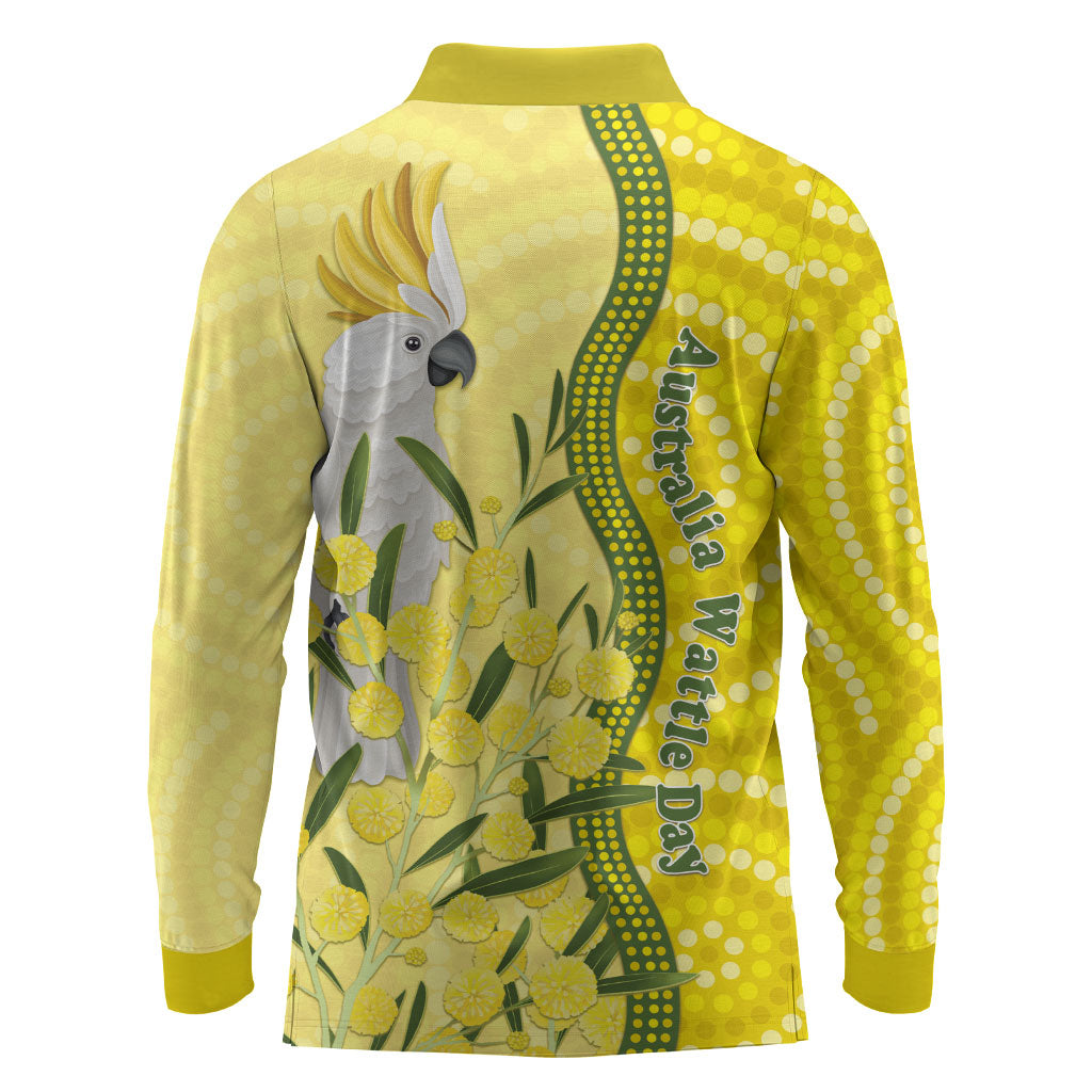 Australia Wattle Day Long Sleeve Polo Shirt Sulphur-crested Cockatoo Aboriginal Pattern