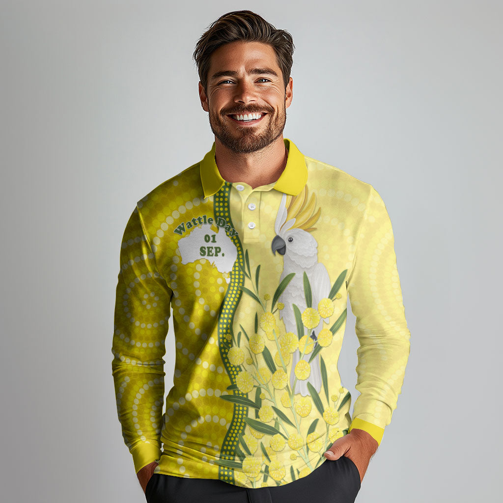 Australia Wattle Day Long Sleeve Polo Shirt Sulphur-crested Cockatoo Aboriginal Pattern