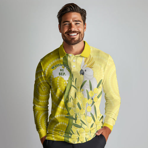 Australia Wattle Day Long Sleeve Polo Shirt Sulphur-crested Cockatoo Aboriginal Pattern