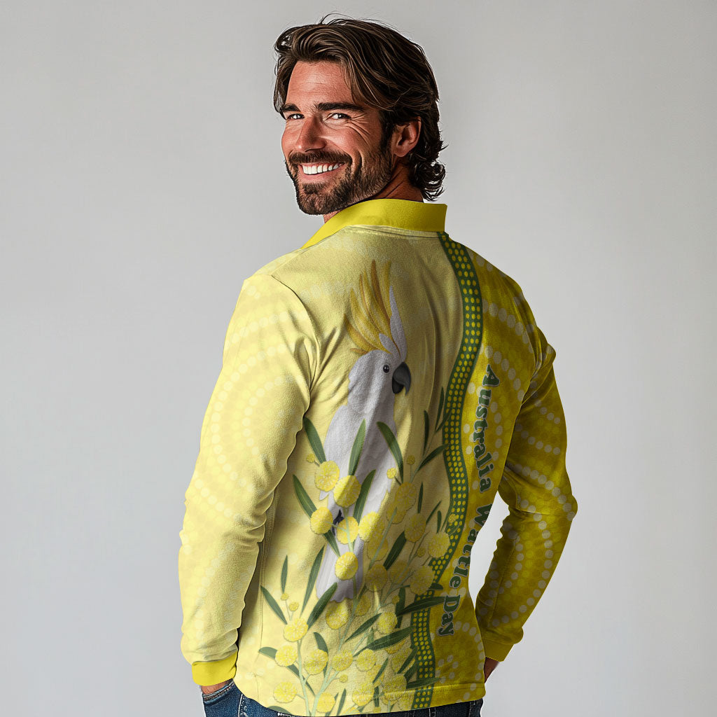 Australia Wattle Day Long Sleeve Polo Shirt Sulphur-crested Cockatoo Aboriginal Pattern