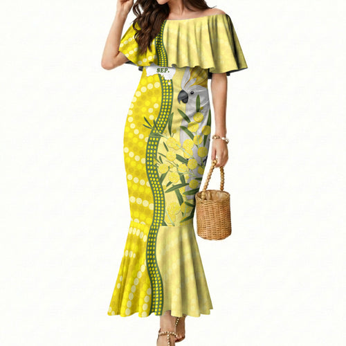 Australia Wattle Day Mermaid Dress Sulphur-crested Cockatoo Aboriginal Pattern