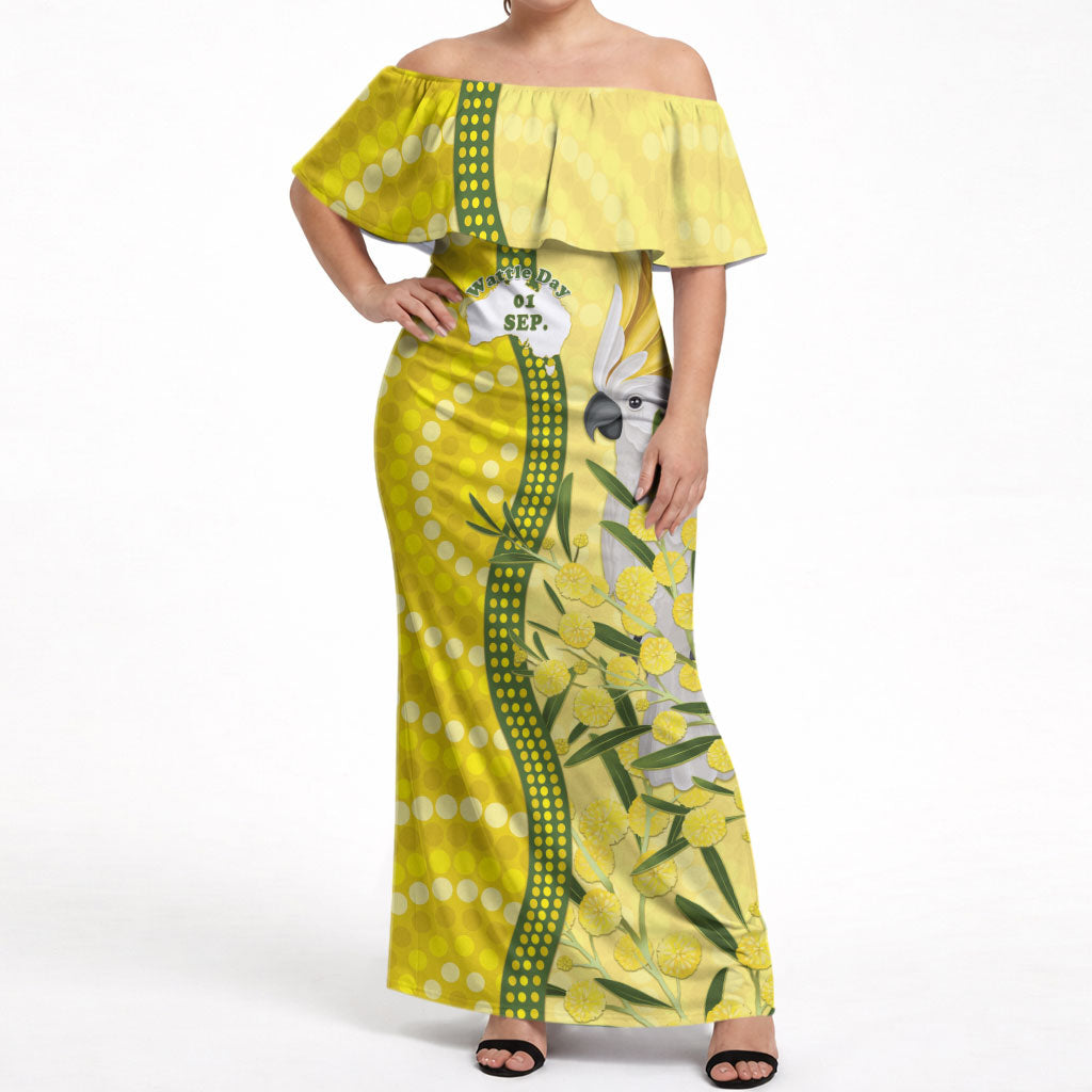 Australia Wattle Day Off Shoulder Maxi Dress Sulphur-crested Cockatoo Aboriginal Pattern