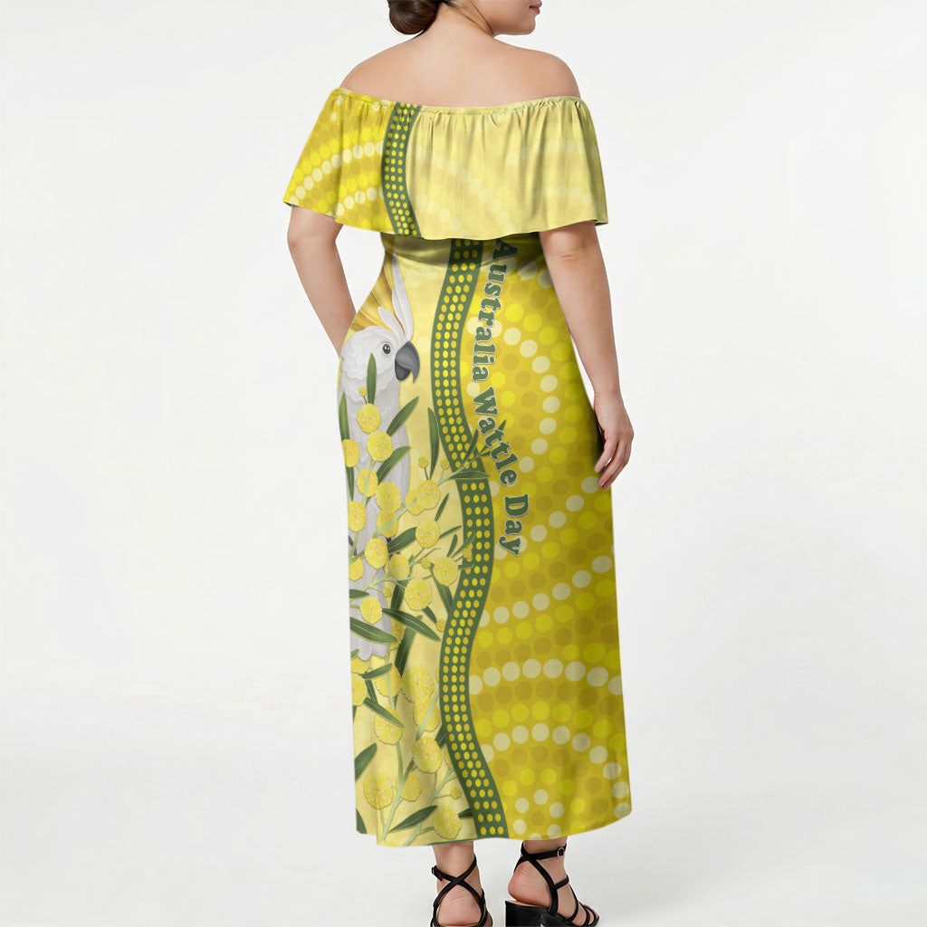 Australia Wattle Day Off Shoulder Maxi Dress Sulphur-crested Cockatoo Aboriginal Pattern