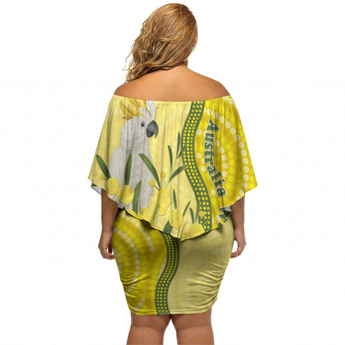 Australia Wattle Day Off Shoulder Short Dress Sulphur-crested Cockatoo Aboriginal Pattern