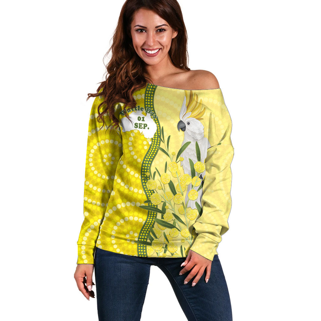 Australia Wattle Day Off Shoulder Sweater Sulphur-crested Cockatoo Aboriginal Pattern