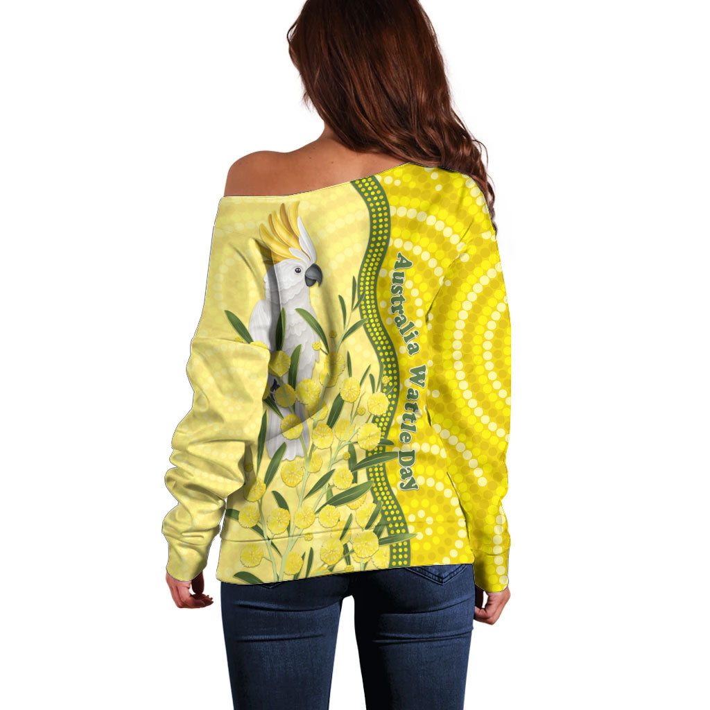 Australia Wattle Day Off Shoulder Sweater Sulphur-crested Cockatoo Aboriginal Pattern