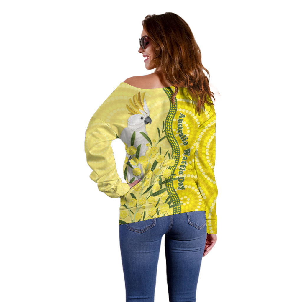 Australia Wattle Day Off Shoulder Sweater Sulphur-crested Cockatoo Aboriginal Pattern