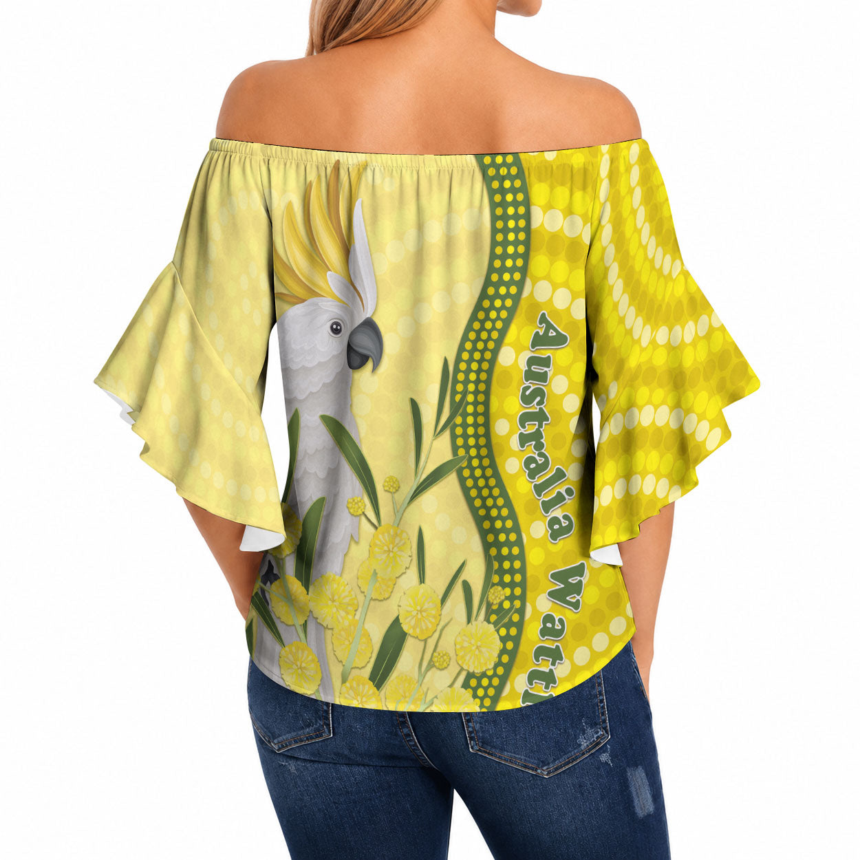 Australia Wattle Day Off Shoulder Wrap Waist Top Sulphur-crested Cockatoo Aboriginal Pattern