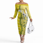 Australia Wattle Day Off The Shoulder Long Sleeve Dress Sulphur-crested Cockatoo Aboriginal Pattern