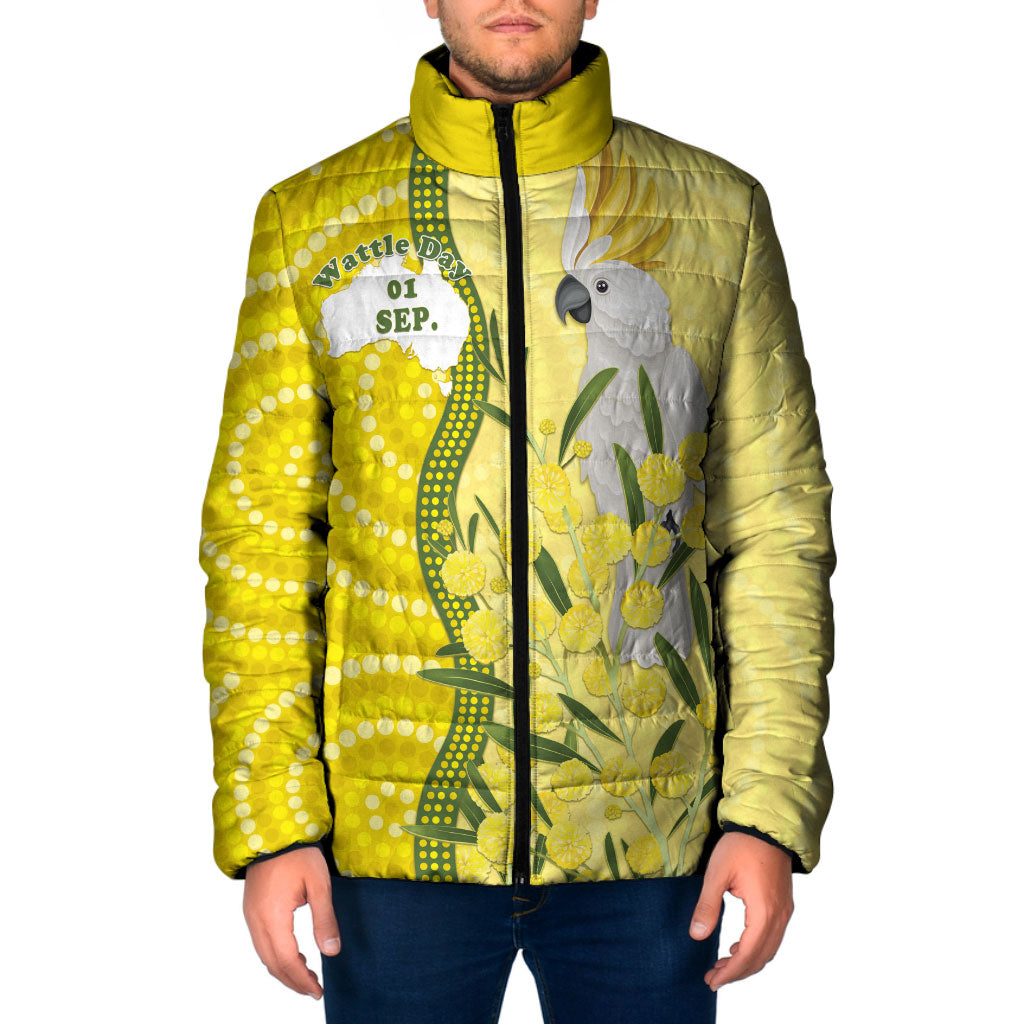 Australia Wattle Day Padded Jacket Sulphur-crested Cockatoo Aboriginal Pattern